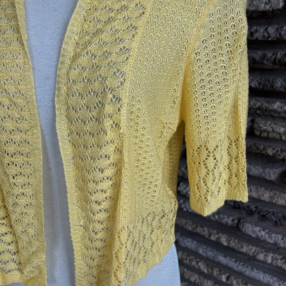 Nina Leonard Bright Yellow Lace Mesh Trim Open Drape Cardigan Sweater Size M - Picture 6 of 7